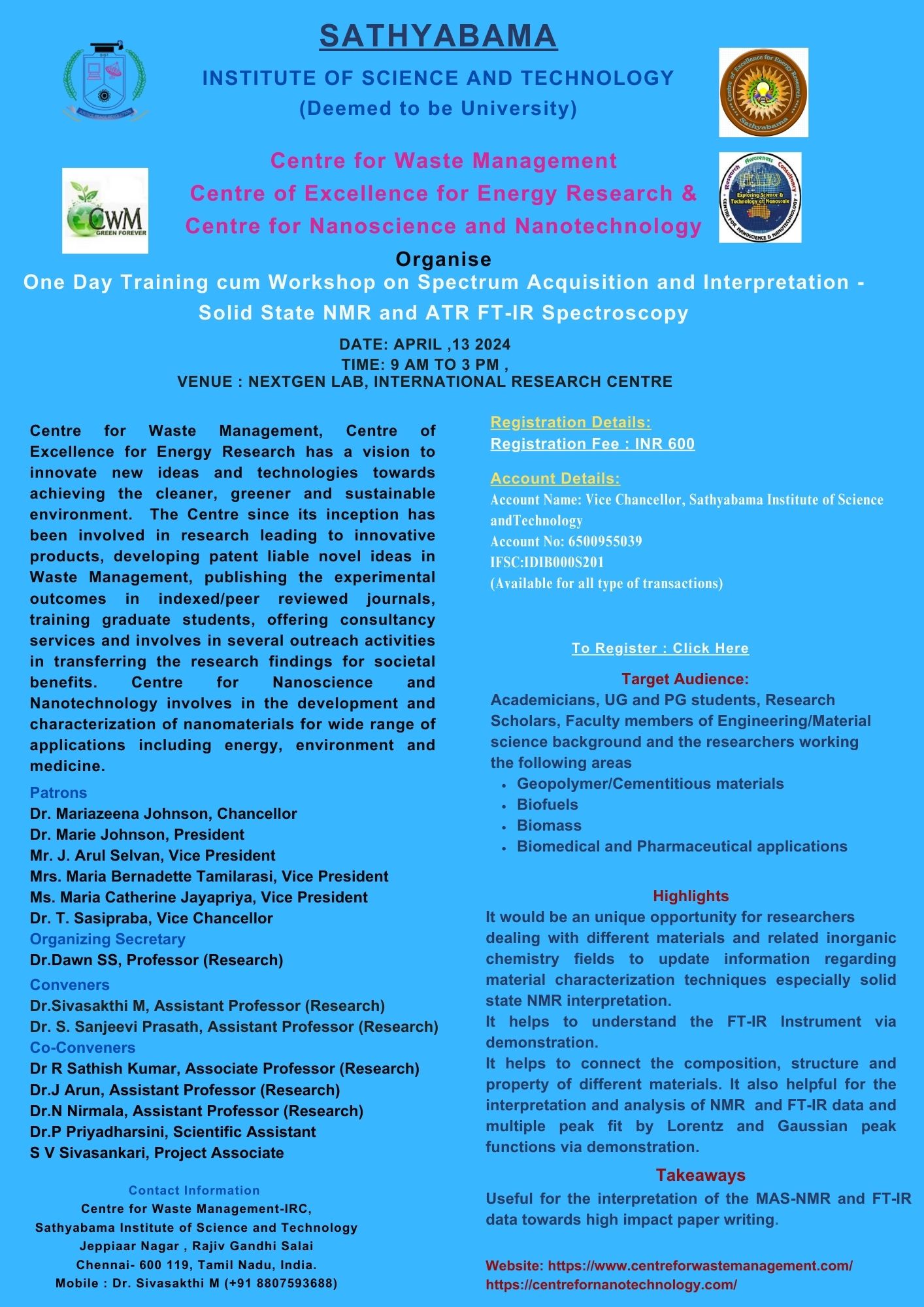 One Day Training cum Workshop on Spectrum Acquisition and Interpretation - Solid State NMR and ATR FT-IR Spectroscopy 2024